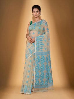 Beatitude - Off White Cotton Silk Jacquard Jamdani Saree with Unstitched Blouse