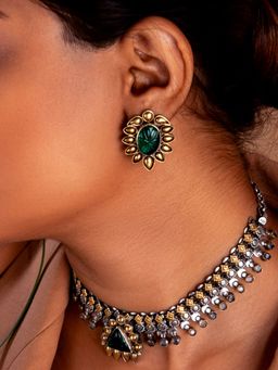 Neeta Boochra - 925 Sterling Silver Two Tone 22K Gold Plated Green Glass Earring