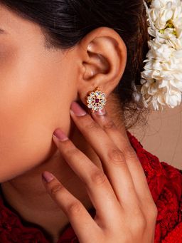 Neeta Boochra - 925 Sterling Silver 22K Gold Plated Pink & White Kundan Earring