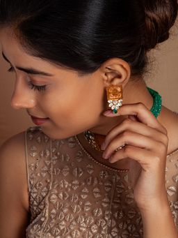 Neeta Boochra - 925 Sterling Silver 22K Gold Plated Citrine Turquoise Stud Earring With Kundan