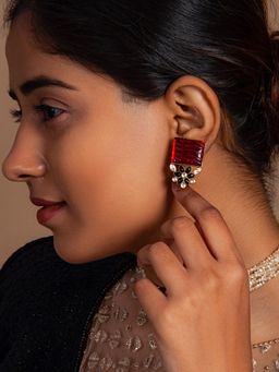 Neeta Boochra - 925 Sterling Silver 22K Gold Plated Red Glass Black Onyx Stud Earring