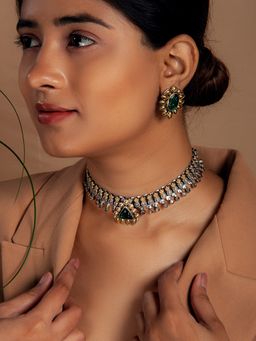 Neeta Boochra - 925 Sterling Silver Two Tone 22K Gold Plated Necklace With Green Glass & Crystal