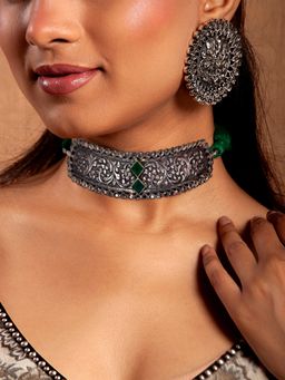 Neeta Boochra - 925 Sterling Silver Green Onyx Gemstone With Checker Crystal Necklace