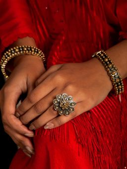 Neeta Boochra - 925 Sterling Silver Two Tone 22K Gold Plated Flower Design Ring