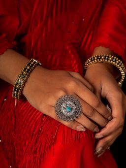 Neeta Boochra - 925 Sterling Silver Turquoise Gemstone Ring With Checker Crystal & Kundan