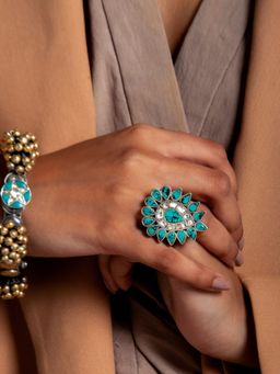 Neeta Boochra - 925 Sterling Silver Turquoise Gemstone Studs Ring With White Kundan