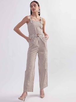 ELLE - Women Beige Striped Shoulder Straps Sleeveless Basic Jumpsuit with Belt (Set of 2)