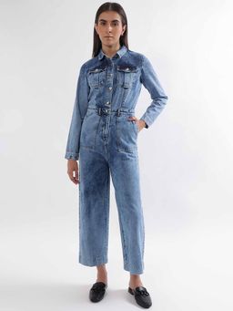 ELLE - Women Blue Washed Spread Collar Full Sleeves Basic Jumpsuit