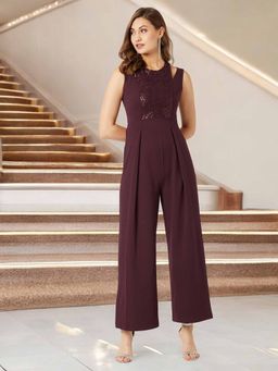 Miss Chase - Womens Wine Color Halter Neck Sleeveless Pleated Wide Leg Jumpsuit