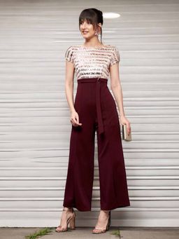 Miss Chase - Womens Wine Round Neck Half Sleeve Front Slit Fringed Jumpsuit
