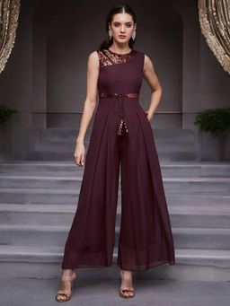 Miss Chase - Womens Wine Solid Relaxed Fit Sleeveless Round Neck Straight Jumpsuit