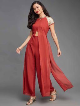 Miss Chase - Women's Brick All That Glitter Red Round-Neck Raglan Jumpsuit