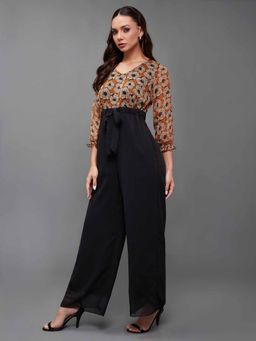 Miss Chase - Women's Multicolored V-Neck Bishop Floral Printeded Wide Leg Jumpsuit