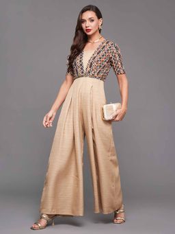 Miss Chase - Womens Multicolored-Base-Beige Square Neck Half Sleeve Silk Jumpsuit