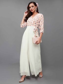 Miss Chase - Women's Multicolored-Base-Off White V-Neck Laced Jumpsuit