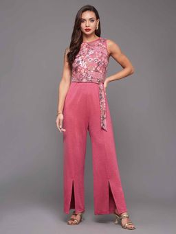 Miss Chase - Women's Pink Round Neck Sleeveless All That Glitter Straight Leg Jumpsuit