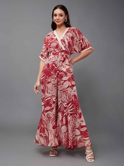 Miss Chase - Women's Multicolored V-Neck Half Sleeve Floral Printed Chiffon Jumpsuit