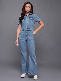 Miss Chase - Womens Blue Flared Regular Stretchable Denim Jumpsuit