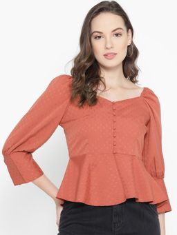Carlton London - Women Casual Rust Self Design Peplum Top