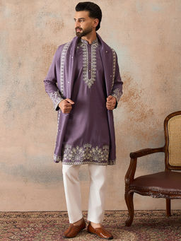ETHNIC BAY - Lavender Silk Blend Mandarin Neck Thread Work Kurta With Pant & Dupatta