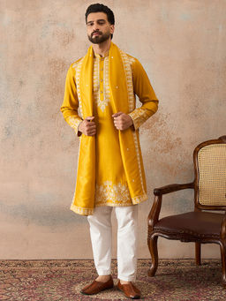 ETHNIC BAY - Yellow Silk Blend Mandarin Neck Thread Work Kurta With Pant & Dupatta