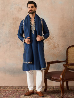 ETHNIC BAY - Blue Silk Blend Mandarin Neck Thread Work Kurta With Pant & Dupatta