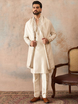 ETHNIC BAY - Off White Silk Blend Mandarin Neck Thread Work Kurta With Pant & Dupatta