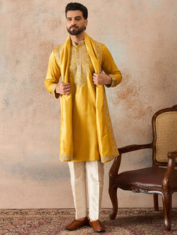 ETHNIC BAY - Yellow Silk Blend Mandarin Neck Embroidered Kurta With Pant & Dupatta