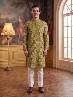 ETHNIC BAY - Green Silk Blend Mandarin Neck Mirror Work Kurta With Pant