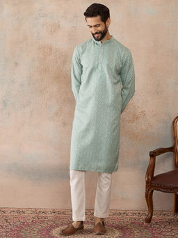 ETHNIC BAY - Green Linen Blend Mandarin Neck Woven Kurta With Pant