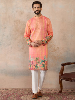 ETHNIC BAY - Orange Silk Blend Mandarin Neck Printed Kurta with Pant