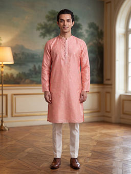 ETHNIC BAY - Pink Jacquard Mandarin Neck Woven Kurta With Pant
