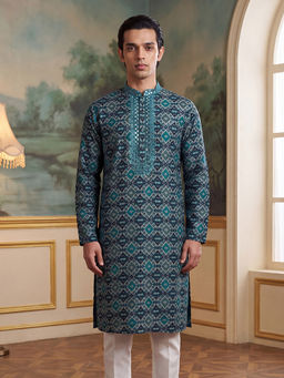 ETHNIC BAY - Black Silk Blend Mandarin Neck Printed Kurta