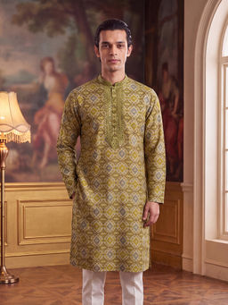 ETHNIC BAY - Green Silk Blend Mandarin Neck Printed Kurta