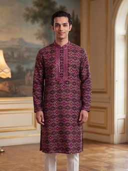 ETHNIC BAY - Purple Silk Blend Mandarin Neck Printed Kurta