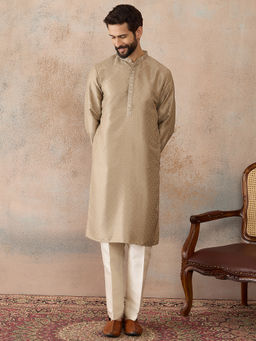 ETHNIC BAY - Beige Silk Blend Mandarin Neck Thread Work Kurta
