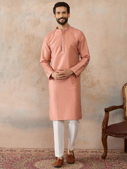 ETHNIC BAY - Peach Silk Blend Mandarin Neck Thread Work Kurta