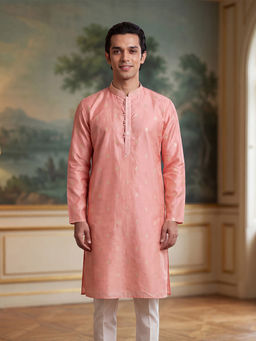 ETHNIC BAY - Pink Jacquard Mandarin Neck Printed Kurta