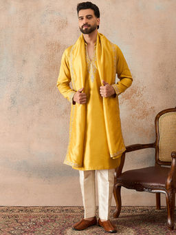 ETHNIC BAY - Yellow Silk Blend Mandarin Neck Embroidered Kurta With Dupatta