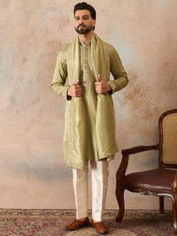 ETHNIC BAY - Green Silk Blend Mandarin Neck Embroidered Kurta With Dupatta