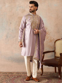 ETHNIC BAY - Lavender Silk Blend Mandarin Neck Embroidered Kurta With Dupatta