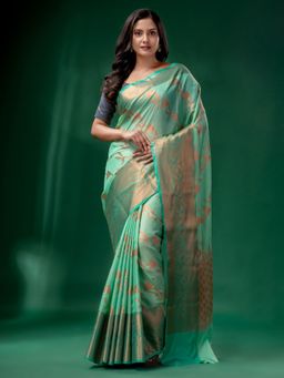 CHARUKRITI - Sea Green Cotton Silk Saree with Woven Design with Unstitched Blouse