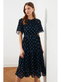 Trendyol - Navy Frill Detail Blue Polka Midi Dress