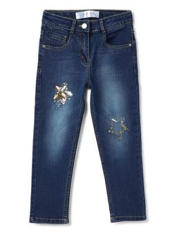 Tales & Stories - Girls Dark Blue Slim Fit Faded Embellished Jeans