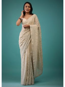 KALKI FASHION - Beige Georgette Saree in Lucknow Threadwork Mirror Abla with Unstitched Blouse