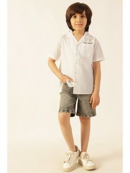 One Friday - Boys White Printed Cotton Shirt Half Sleeves