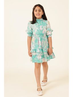 One Friday - Girls Green High Neck Poly Crepe Dress
