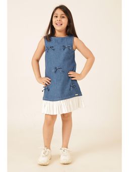 One Friday - Girls Blue Denim Lycra Dress with Cap Sleeves