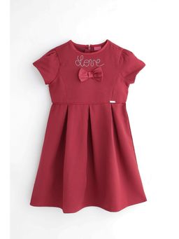 One Friday - Girls Rose Maroon Bow Detail Fit and Flare Dress