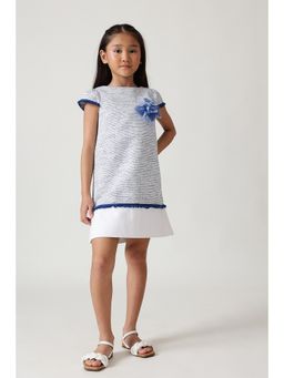 One Friday - Girls Blue Boucle Cotton Dress with Cap Sleeves